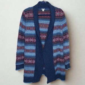 L.L.Bean Women's Blue Western Tribal Open Front Cardigan Sweater • XL